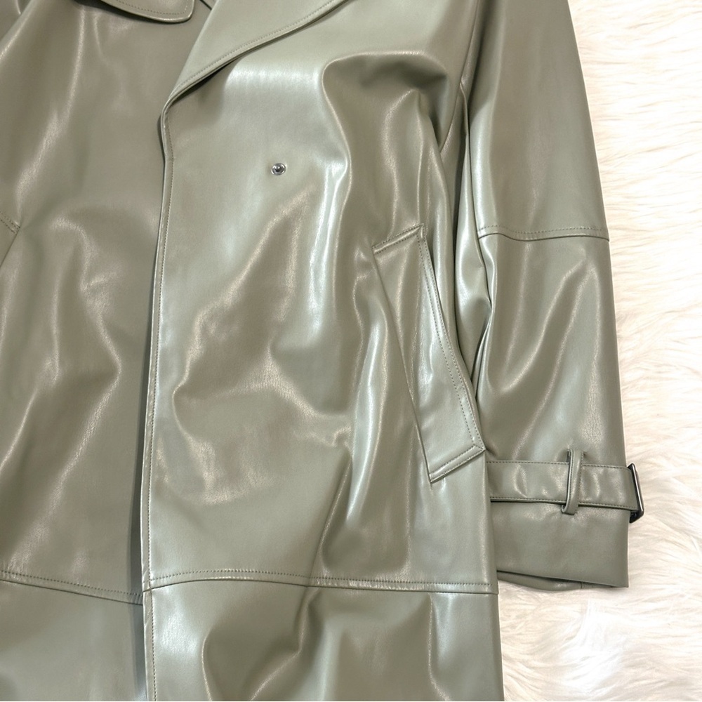 Elie Tahari Sage Green Vegan Leather Belted Trench Coat Large - Picture 9 of 10